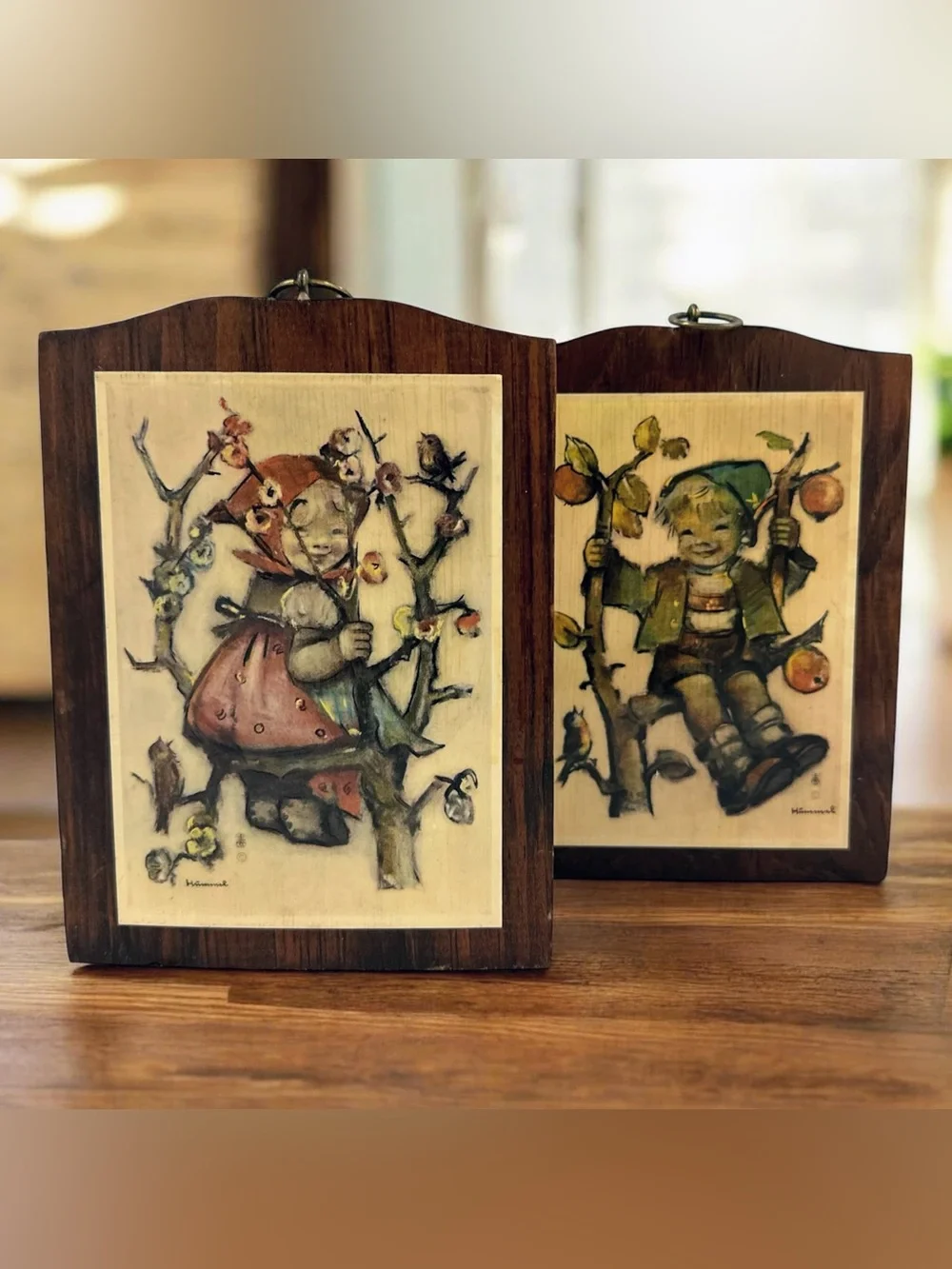 Vintage M.I. Hummel Apple Tree Boy & Girl 7.25” Wood Wall Plaques Set of 2